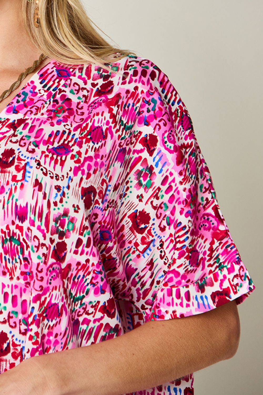Double Take Full Size Printed V-Neck Short Sleeve Blouse Double Take Full Size Printed V-Neck Short Sleeve Blouse